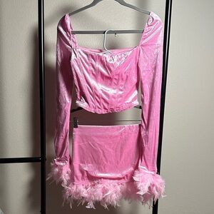 Dolls Kill Pink Velvet Feather Trim Set